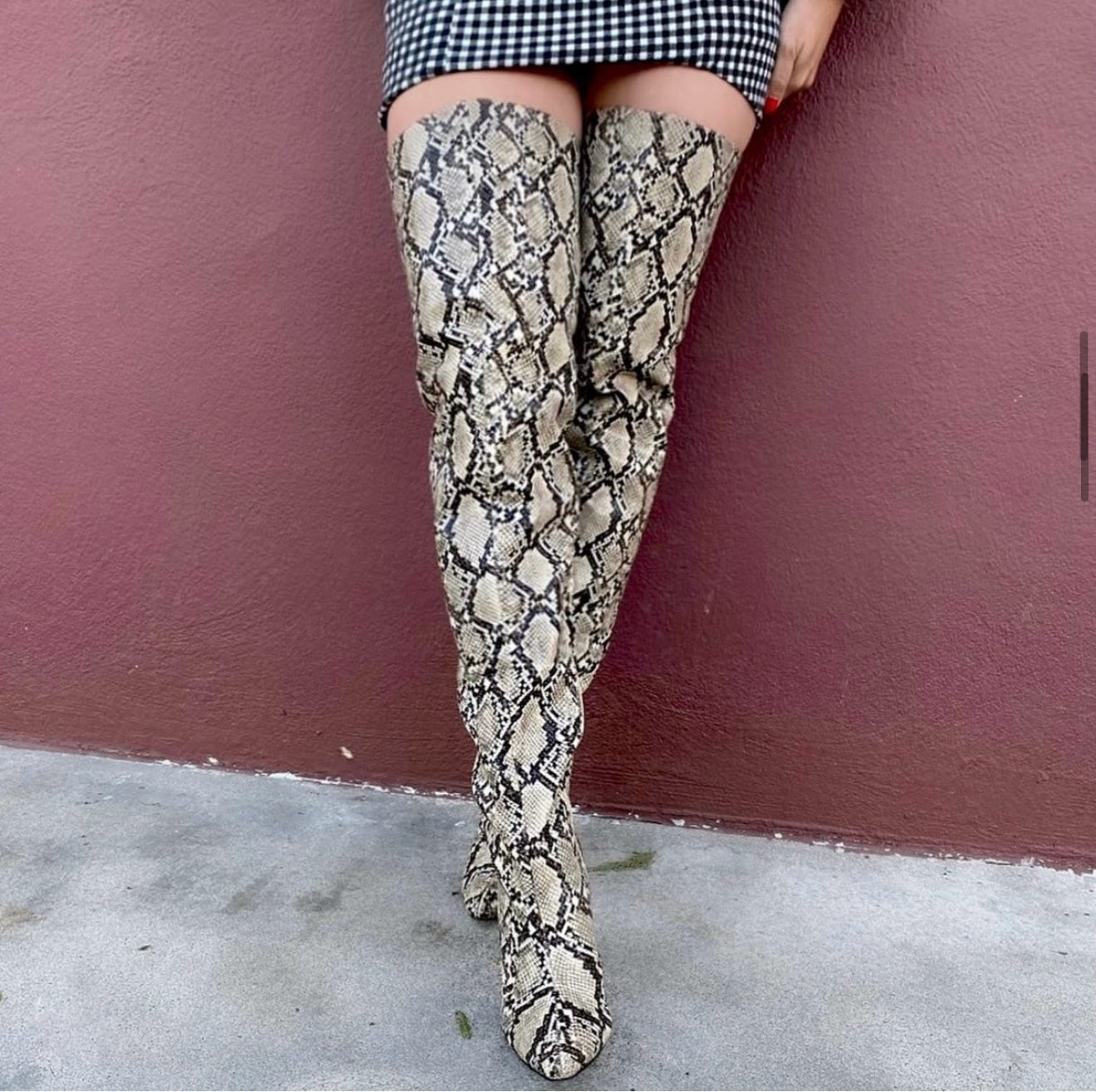 ODESSA OVER THE KNEE HEEL BOOTS - NUDE SNAKE