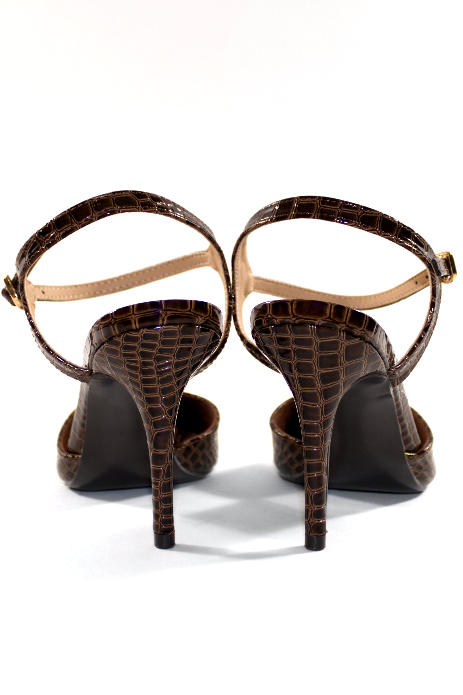 ELSA ANKLE STRAP PUMP HEELS - BROWN CROC