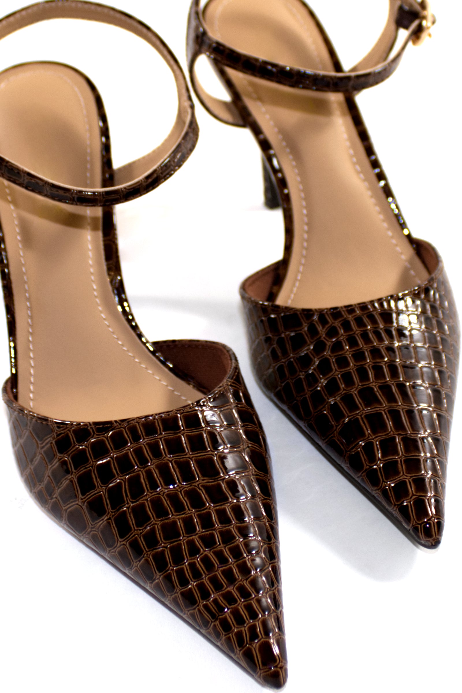 ELSA ANKLE STRAP PUMP HEELS - BROWN CROC