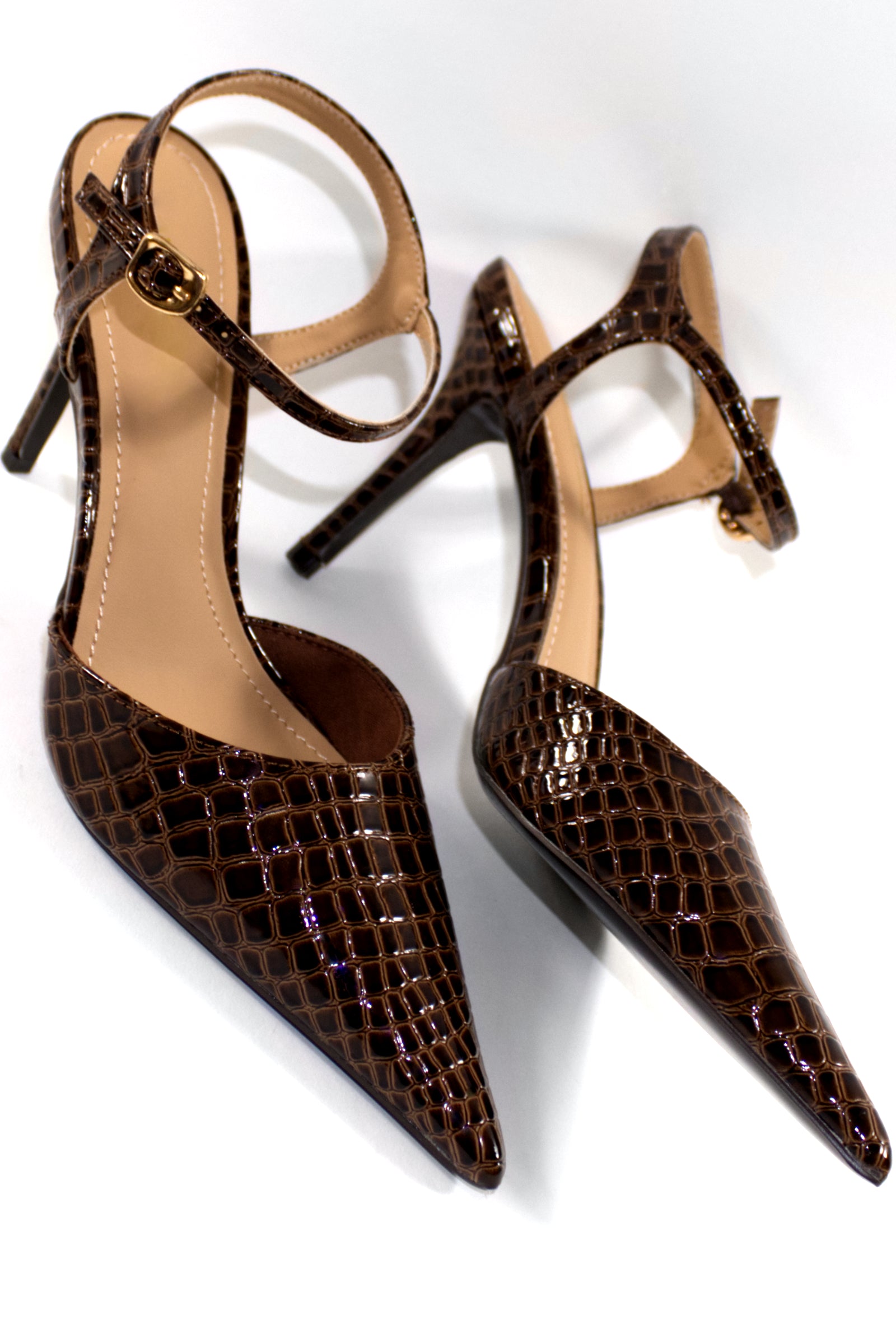 ELSA ANKLE STRAP PUMP HEELS - BROWN CROC