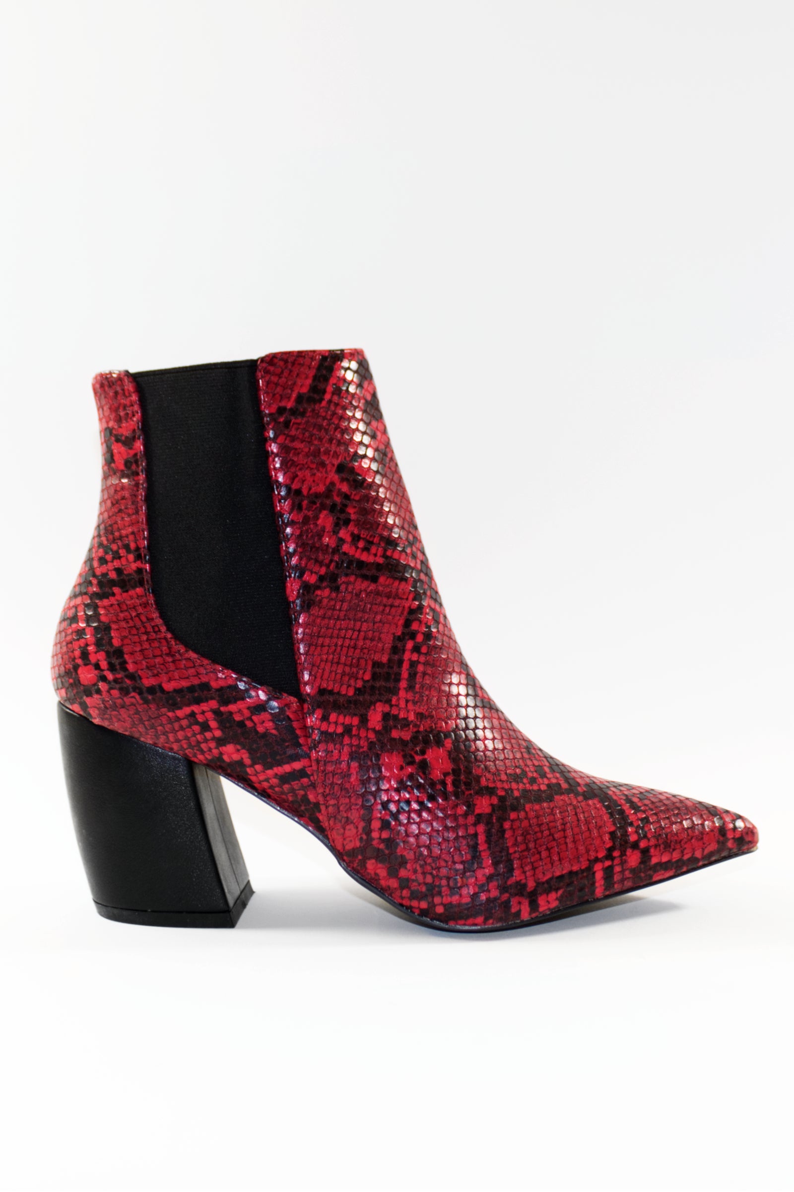 PHOENIX BLOCK HEEL ANKLE BOOTS - RED SNAKE