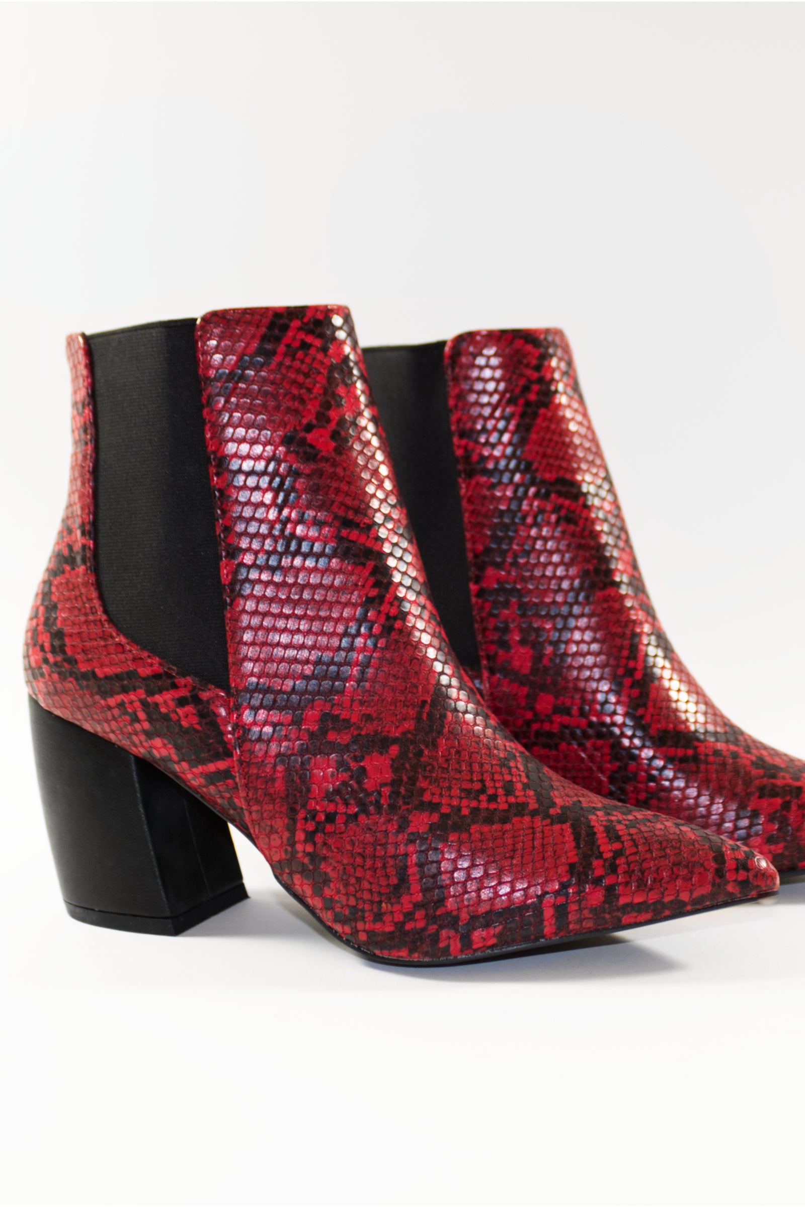 PHOENIX BLOCK HEEL ANKLE BOOTS - RED SNAKE