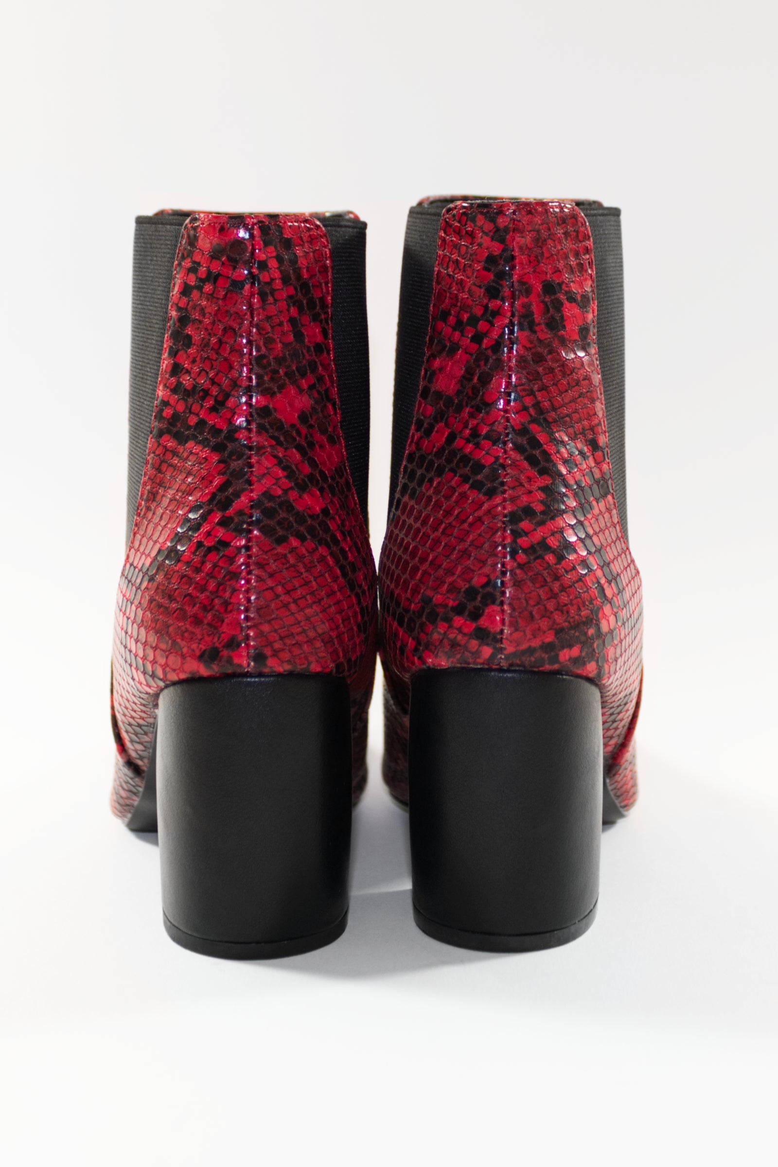 PHOENIX BLOCK HEEL ANKLE BOOTS - RED SNAKE