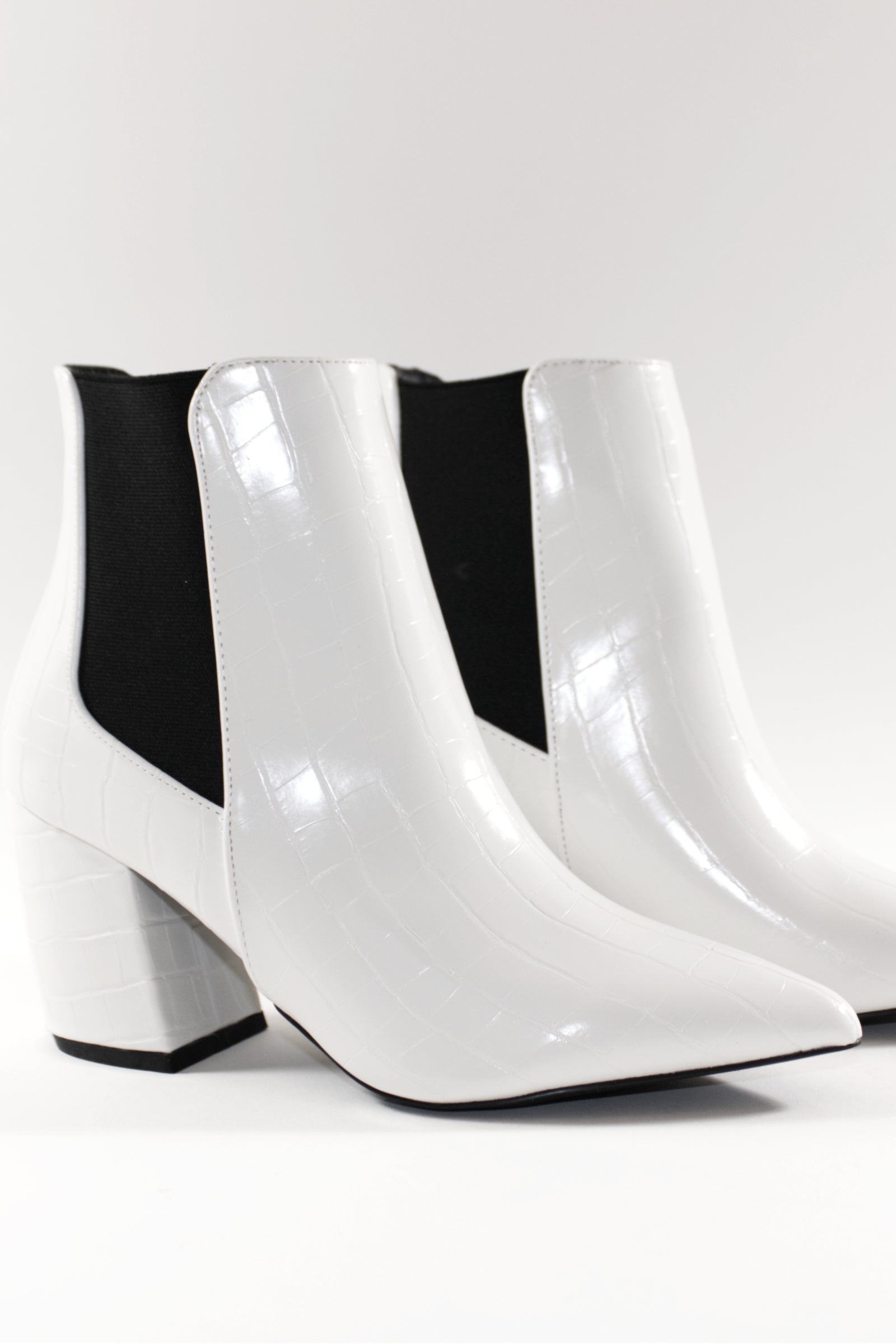 PHOENIX BLOCK HEEL ANKLE BOOTS- WHITE CROC