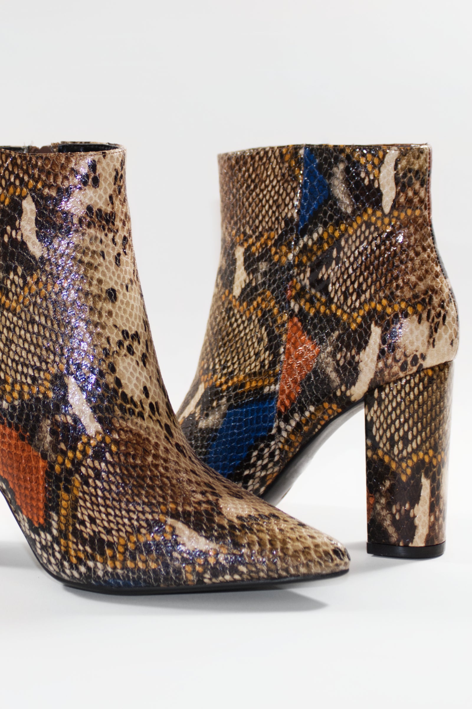 SIENNA BLOCK HEEL ANKLE BOOTS - TAN SNAKE