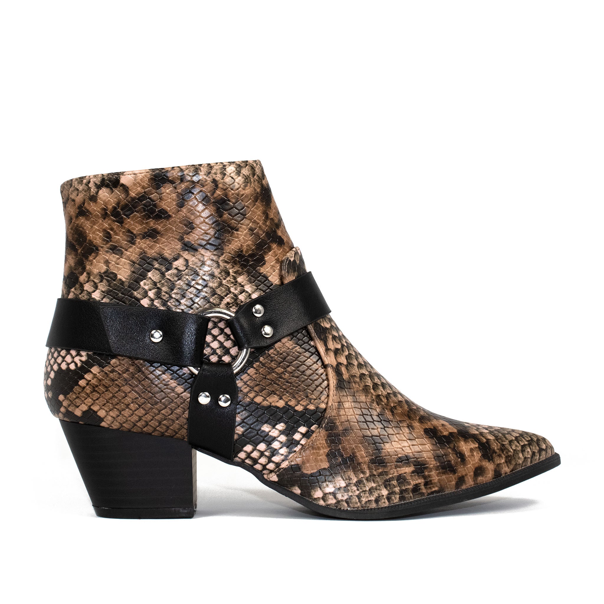 CALICO HARNESS DETAIL ANKLE BOOTS - TAN SNAKE