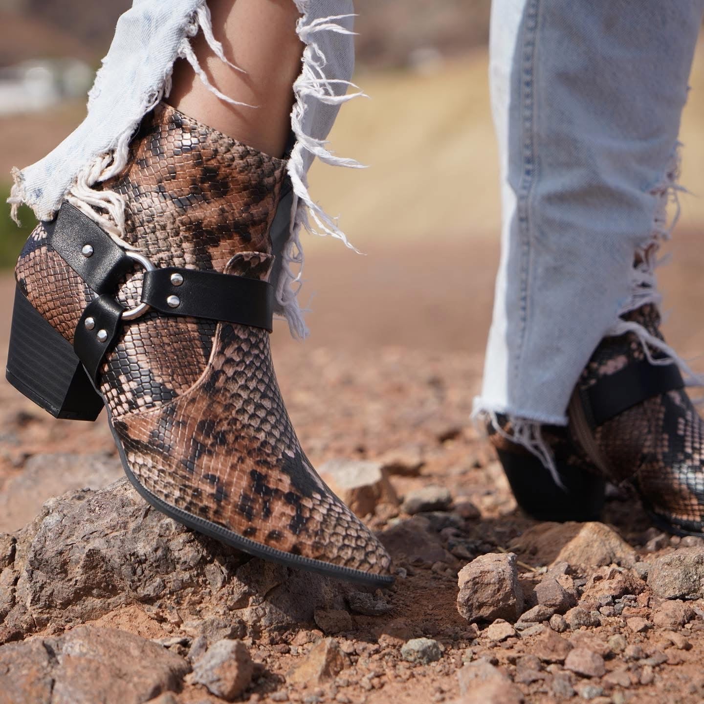 CALICO HARNESS DETAIL ANKLE BOOTS - TAN SNAKE