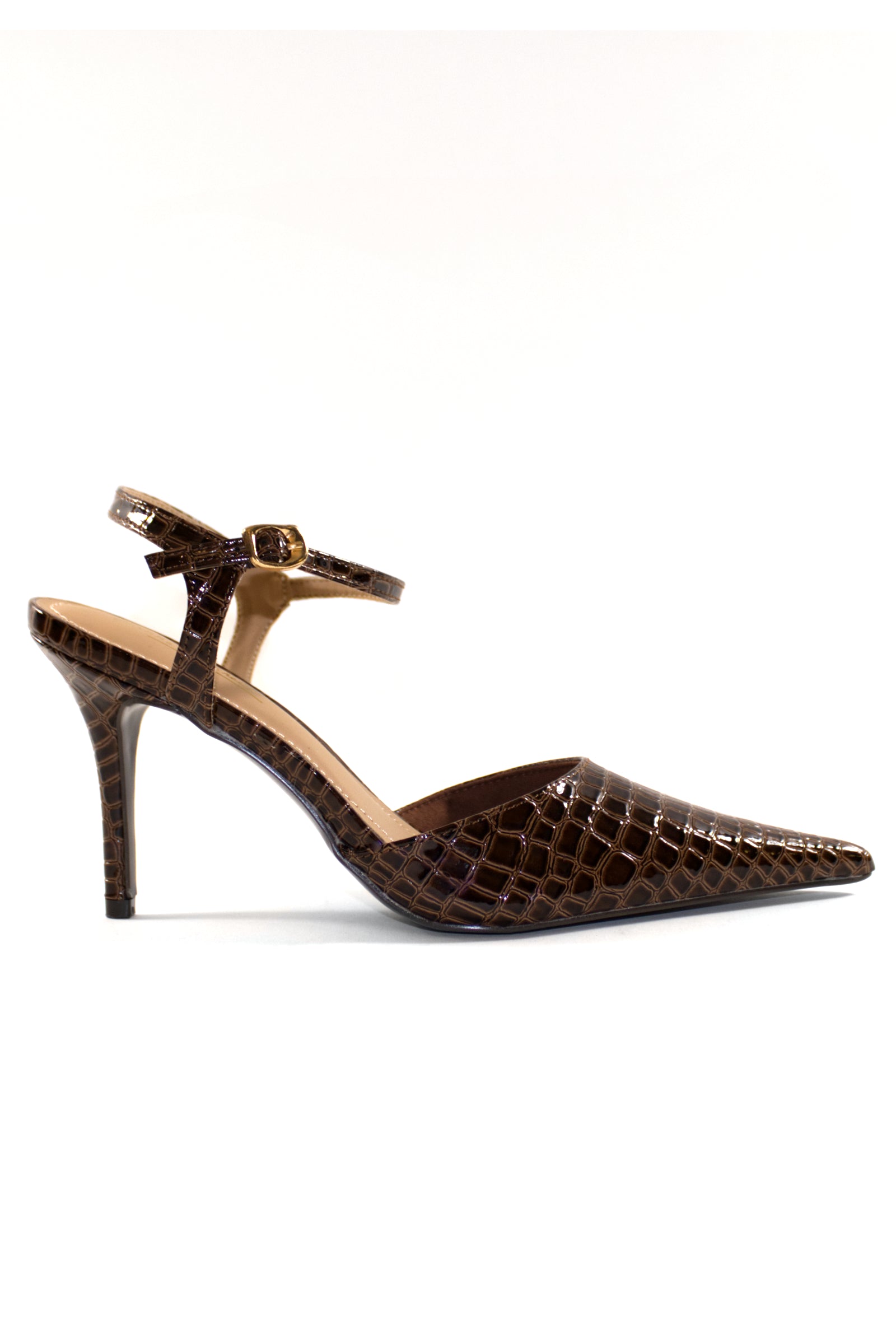 ELSA ANKLE STRAP PUMP HEELS - BROWN CROC